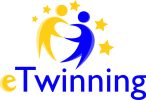 Logo platformy eTwinning. Widać napis oraz zarysy dwóch postaci trzymających się za ręce w otoczeniu 5 gwiazdek.