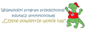Logo wojewódzkiego programu przedszkolnej edukacji antytytoniowej. Napis Wojewózki program edukacji anytytoniowej "Czyste powietrze wokół nas" widać maskotkę programu - dinozaura w czapeczce.